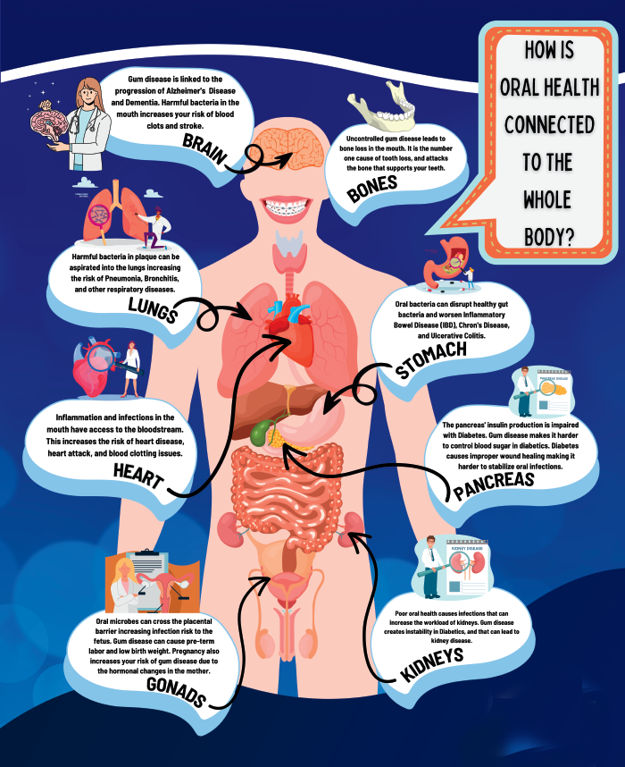 Chart illustrating the connections between oral health and overall body health, highlighting various systems and conditions affected by oral hygiene.
